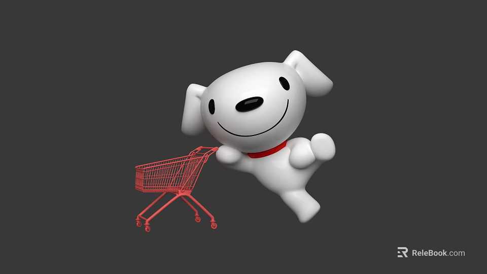 Cute White Cartoon Dog With Red Collar Pushing Red Shopping Cart in Playful Pose 3d model 