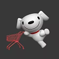 Cute White Cartoon Dog With Red Collar Pushing Red Shopping Cart in Playful Pose