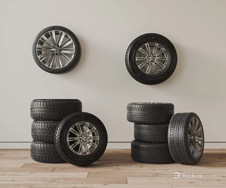 Car Wheels And Tires Display With Wall Mounted Rims And Stacked Tires 3d model 