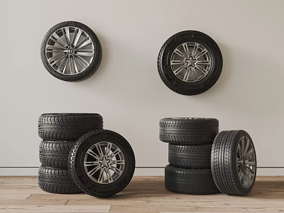 Car Wheels And Tires Display With Wall Mounted Rims And Stacked Tires 3d model