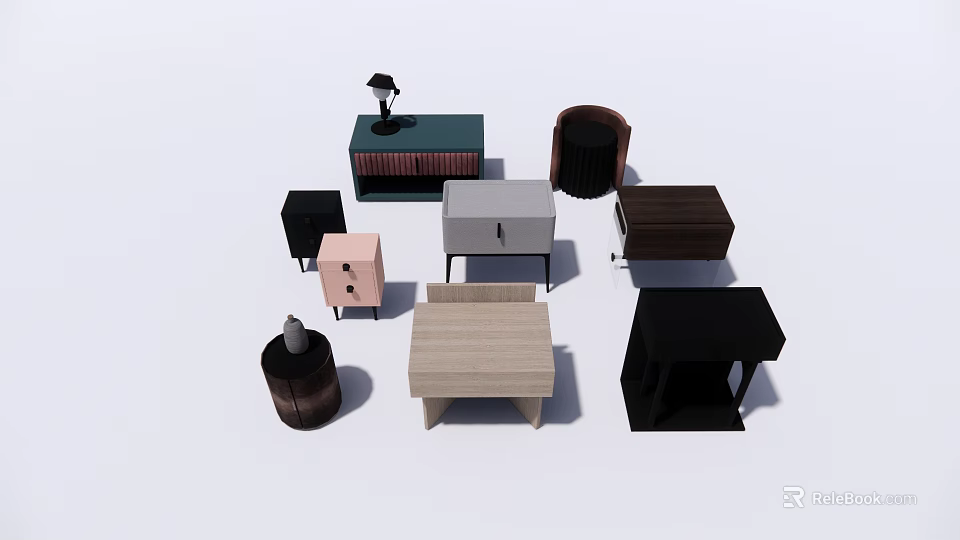 Various Modern Bedside Tables With Different Colors And Storage Designs 3d model