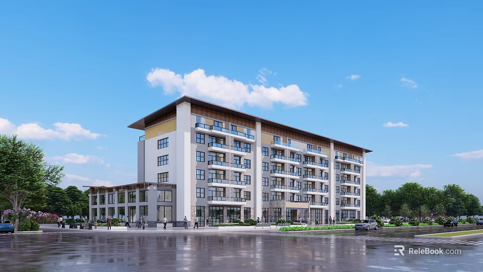 Modern Multi story Sales Office Building Exterior With Green Trees And Parking Lot 3d model 