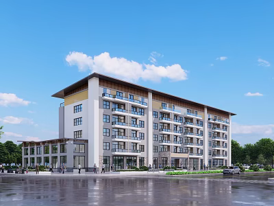 Modern Multi story Sales Office Building Exterior With Green Trees And Parking Lot 3d model