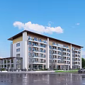 Modern Multi story Sales Office Building Exterior With Green Trees And Parking Lot