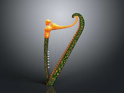 Ornate Green And Gold Decorative Harp With Carved Details For Home Decoration 3d model