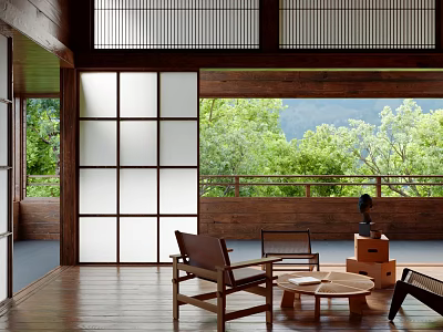 Tranquil Relaxation Room With Shoji Screen Wooden Furniture And Natural View 3d model