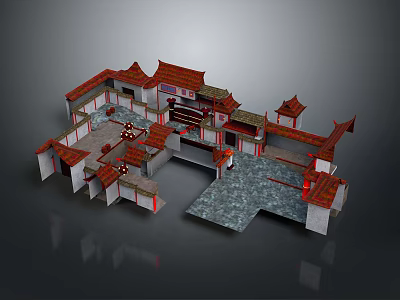 Traditional Chinese Architecture Design With Red Roof White Walls And Courtyard Layout 3d model