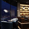 Modern Bar Interior Featuring Large Windows Night View Wine Racks And Comfortable Seating 3d model
