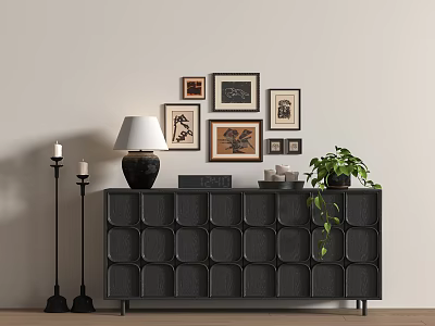 Entryway Cabinet Sideboard with Black Design Table Lamp Framed Artworks Candles and Potted Plant 3d model