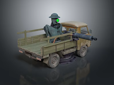 Green and Beige Truck With Open Bed Featuring Mechanical Device On Back 3d model