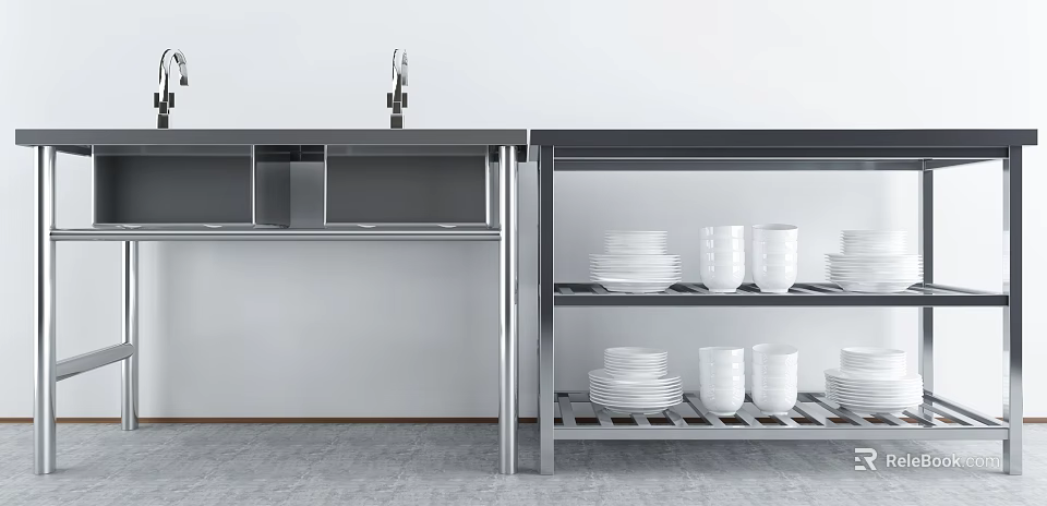 Modern Kitchen Appliances With Stainless Steel Counter Storage Shelves And White Dishes 3d model 