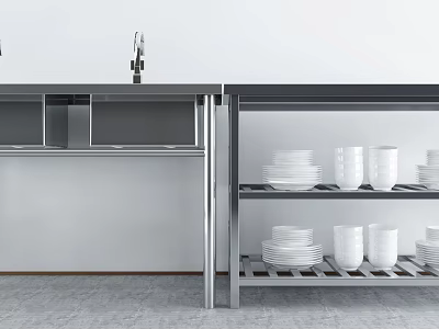 Modern Kitchen Appliances With Stainless Steel Counter Storage Shelves And White Dishes 3d model