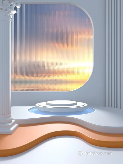 Sleek Modern Display Shelf With White Pillars Circular Platform And Gradient Color Window Design 3d model 