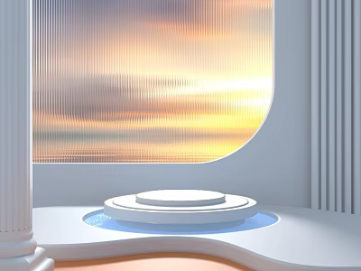 Sleek Modern Display Shelf With White Pillars Circular Platform And Gradient Color Window Design 3d model