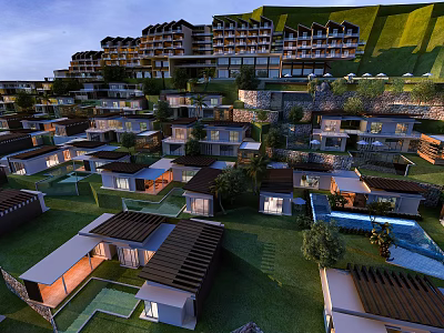 Aerial Planning of Hillside Residential Complex With Green Spaces and Swimming Pools 3d model