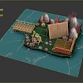 Outdoor Camping Commercial Equipment Display Model With Wooden Cabin Bridge Bonfire And Green Plants