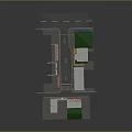 Cartoon Scenery With Small Commercial Buildings Green White Roofs Red White Striped Awnings And Sidewalk
