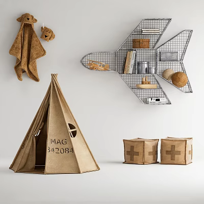 Natural Canvas Tepee Tent With Wall Grid Shelf And Storage Boxes 3d model