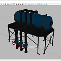 Industrial Equipment with Blue Pressure Vessel Black Pipes Red Valves on Metal Stand