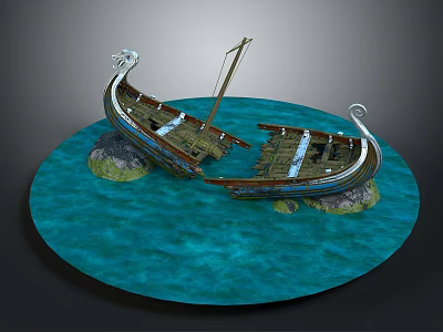 Ancient Viking Longship Broken Model Display On Blue Water With Rocks 3d model