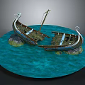 Ancient Viking Longship Broken Model Display On Blue Water With Rocks 3d model
