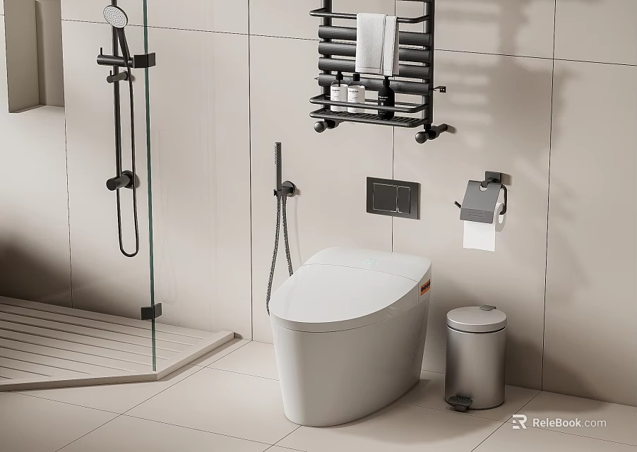 Modern Bathroom White Smart Toilet With Toilet Paper Holder Trash Can And Towel Rack 3d model 