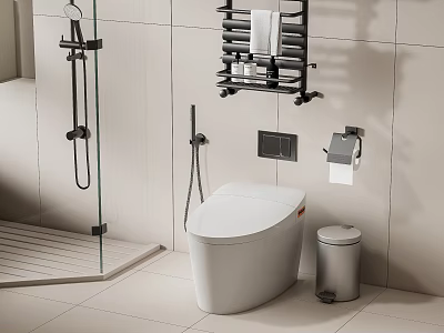 Modern Bathroom White Smart Toilet With Toilet Paper Holder Trash Can And Towel Rack 3d model