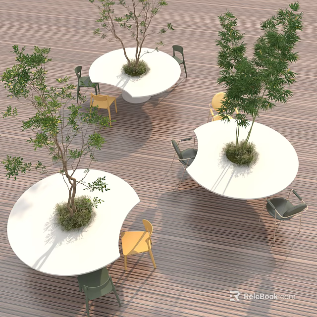 Round White Outdoor Tables With Center Plants On Wooden Deck And Chairs 3d model 