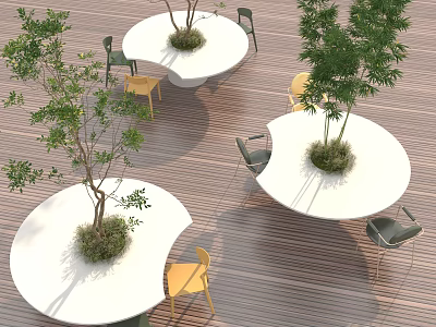 Round White Outdoor Tables With Center Plants On Wooden Deck And Chairs 3d model
