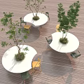 Round White Outdoor Tables With Center Plants On Wooden Deck And Chairs