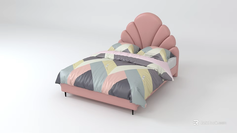 Cute Children's Bed With Pink Shell Shaped Headboard And Colorful Geometric Bedding 3d model 