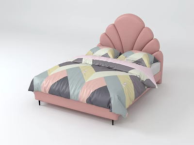 Cute Children's Bed With Pink Shell Shaped Headboard And Colorful Geometric Bedding 3d model
