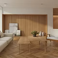 Modern Dining Living Room Interior With Wooden Furniture Long Table Chairs Plant And Window View