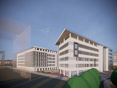 Modern Multi Story Office Buildings With White Facade Glass Windows And Urban Greenery 3d model