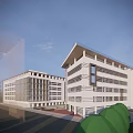 Modern Multi Story Office Buildings With White Facade Glass Windows And Urban Greenery