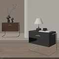 Wooden and Black Bedside Tables with Metal Frames Drawers Vases Table Lamp and Dried Branches