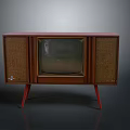 Vintage Electronic Television With Wooden Cabinet Mesh Speakers And Red Legs