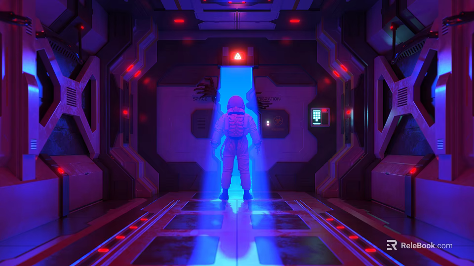 Cartoon Scene Of Astronaut In Futuristic Space Capsule With Blue Red Lights 3d model 