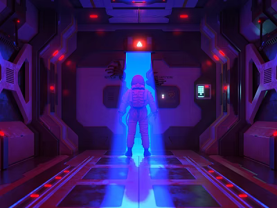 Cartoon Scene Of Astronaut In Futuristic Space Capsule With Blue Red Lights 3d model