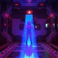 Cartoon Scene Of Astronaut In Futuristic Space Capsule With Blue Red Lights