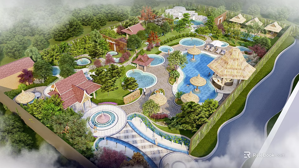 Tropical Resort Hotel Building With Red Tiled Roofs Multiple Pools And Lush Gardens 3d model 