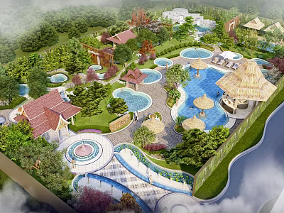 Tropical Resort Hotel Building With Red Tiled Roofs Multiple Pools And Lush Gardens 3d model