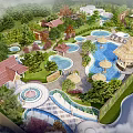 Tropical Resort Hotel Building With Red Tiled Roofs Multiple Pools And Lush Gardens