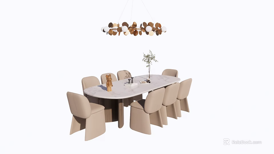 Modern Dining Table Set With Oval Marble Top Beige Chairs And Pendant Light 3d model 