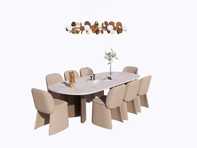 Modern Dining Table Set With Oval Marble Top Beige Chairs And Pendant Light 3d model