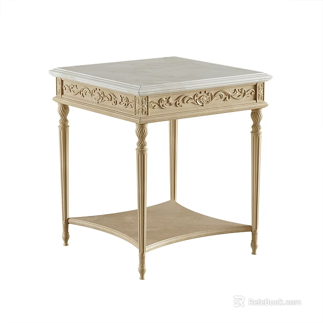 Elegant Golden Corner Table With Carved Details White Marble Top And Lower Shelf 3d model 