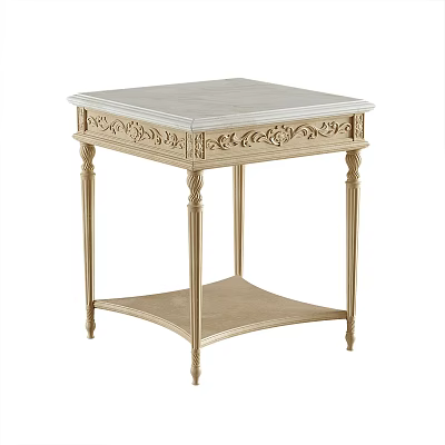 Elegant Golden Corner Table With Carved Details White Marble Top And Lower Shelf 3d model