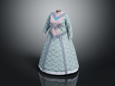 Elegant Light Blue Dress With Pink Decorations Diamond Pattern And Lace Collar Design 3d model