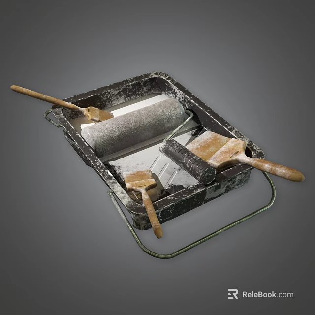 Hardware Tools Set Including Paint Roller Small Brushes In Metal Tray 3d model