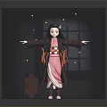 Traditional Kimono Girl Character With Floating Stars And Small Creature Figure